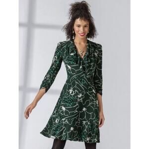 Cabi Ruffle Up Wrap Dress Green White‎ Floral Size M Long Sleeve Ruffle Womens